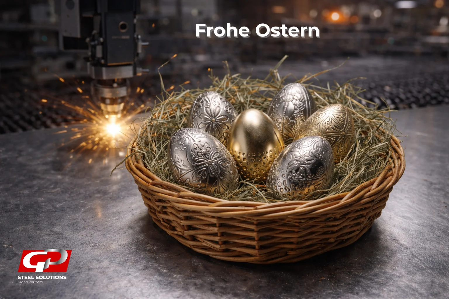 Ostergrafik von GP Steel Solutions mit metallischen Ostereiern in einem Korb und einem arbeitenden Laser im Hintergrund