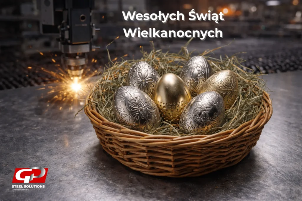 Grafika wielkanocna GP Steel Solutions z metalowymi pisankami w koszyku na tle pracy lasera